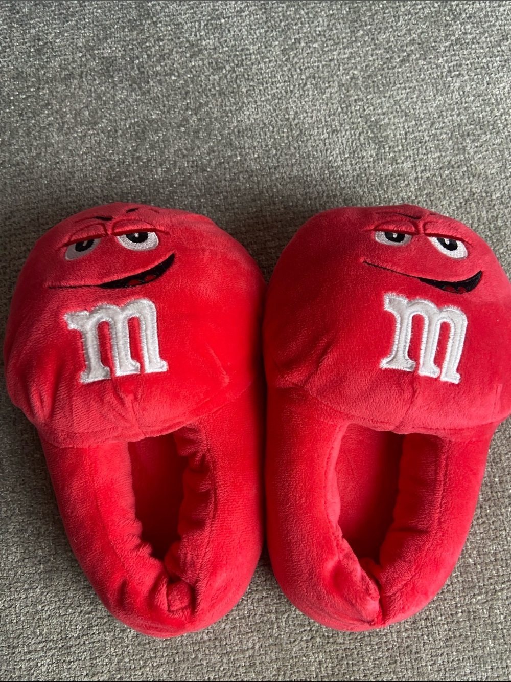 M&M'S Red Plush Adults S-M One-Piece Footie Slippers with Character Face